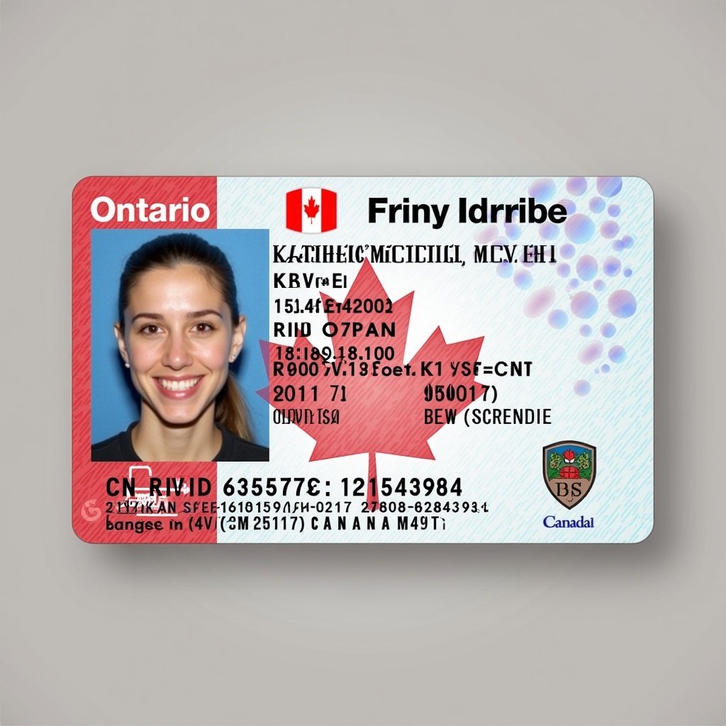 Image of Ontario driver's license. Name Kaitlin Michelle McVey displayed. Card includes ID details and unique license number. Features Canadian flag elements. Realistic ID card design with vibrant aesthetics.