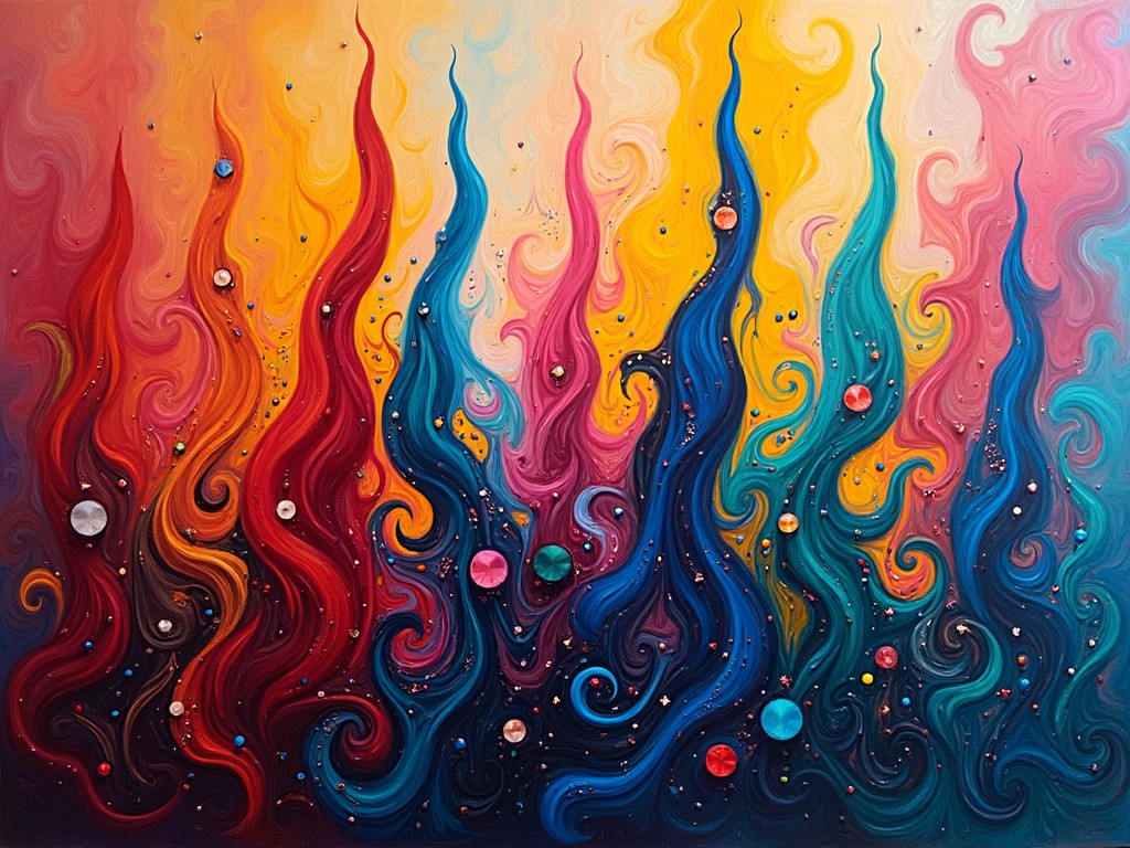 This vibrant piece features swirling, flame-like forms in a dynamic gradient of colors ranging from deep reds and oranges to bright yellows and blues. The background transitions seamlessly among these colors, creating a sense of motion and fluidity. Embedded in the swirling forms are various gemstones and sparkling elements, adding depth and intrigue to the overall composition.