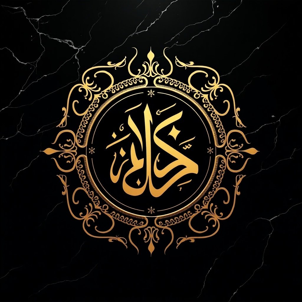 Luxurious modern Arabic calligraphy design for Eludan Arabians. Intricate golden letters arranged in a circular layout surrounded by elegant flourishes. Black marble textured background adds sophistication. Bold and striking aesthetics for high-end appeal.