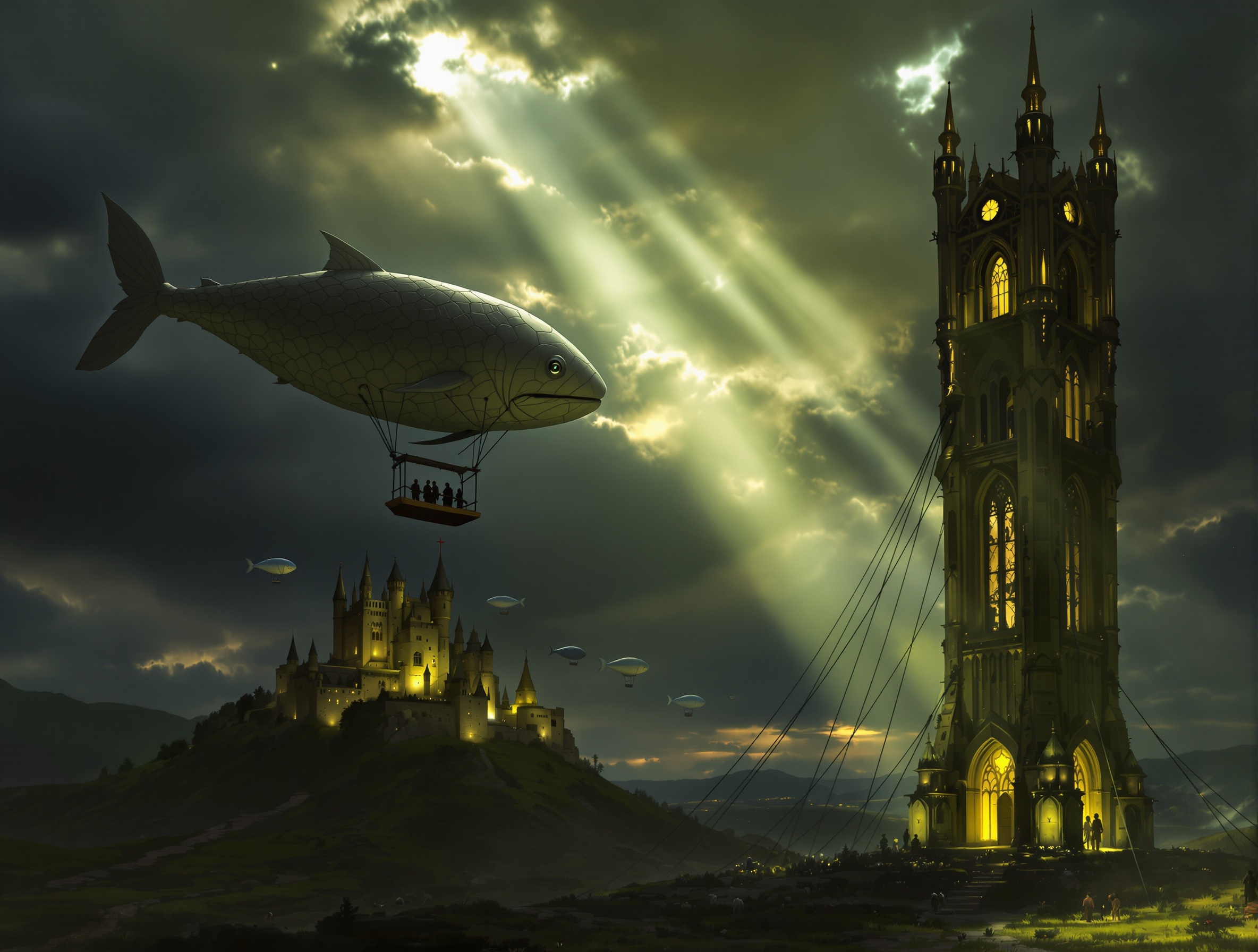 Fantastical scene with steampunk and medieval elements. Features a tall illuminated tower on the right with gothic designs. A large whale-shaped airship carries passengers below. In the background a traditional medieval castle blends into the landscape. The sky is dark with rays of light creating atmosphere. Additional airships in the distance.