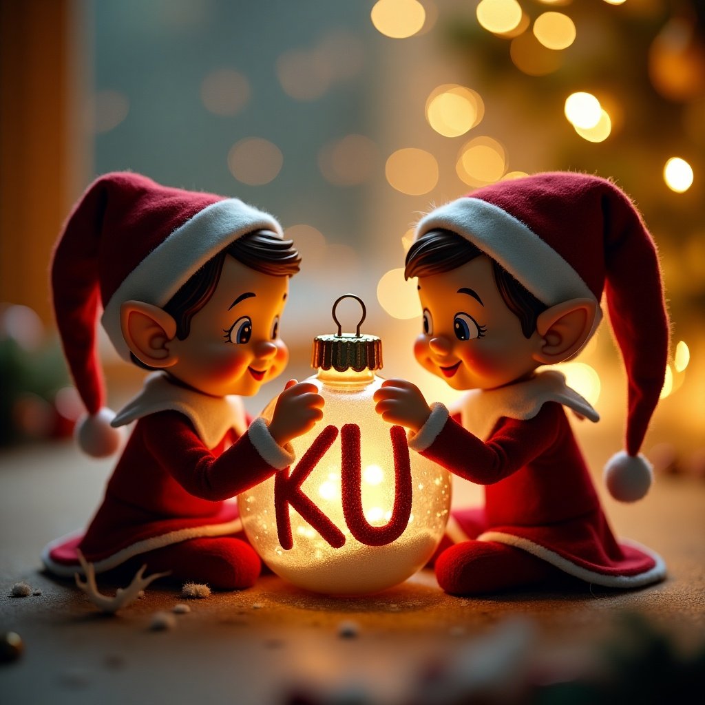 Elf characters sitting together. They are focused on a bauble. The bauble has 'KU' written on it. The background features lights and a festive setting.