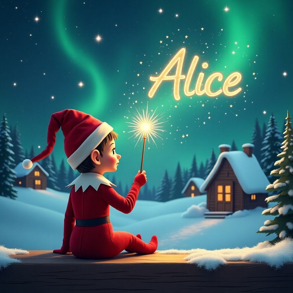 An elf sits on a wooden ledge with its back to the camera, gazing at a magical sky. The elf is dressed in a red outfit with a pointed hat, holding a sparkling wand. With the wand, the elf elegantly writes the name 'Alice' in the starry sky. The background features a snowy landscape with charming little houses and evergreen trees under the shimmering Northern Lights. This whimsical scene captures the essence of childhood magic and Christmas cheer.