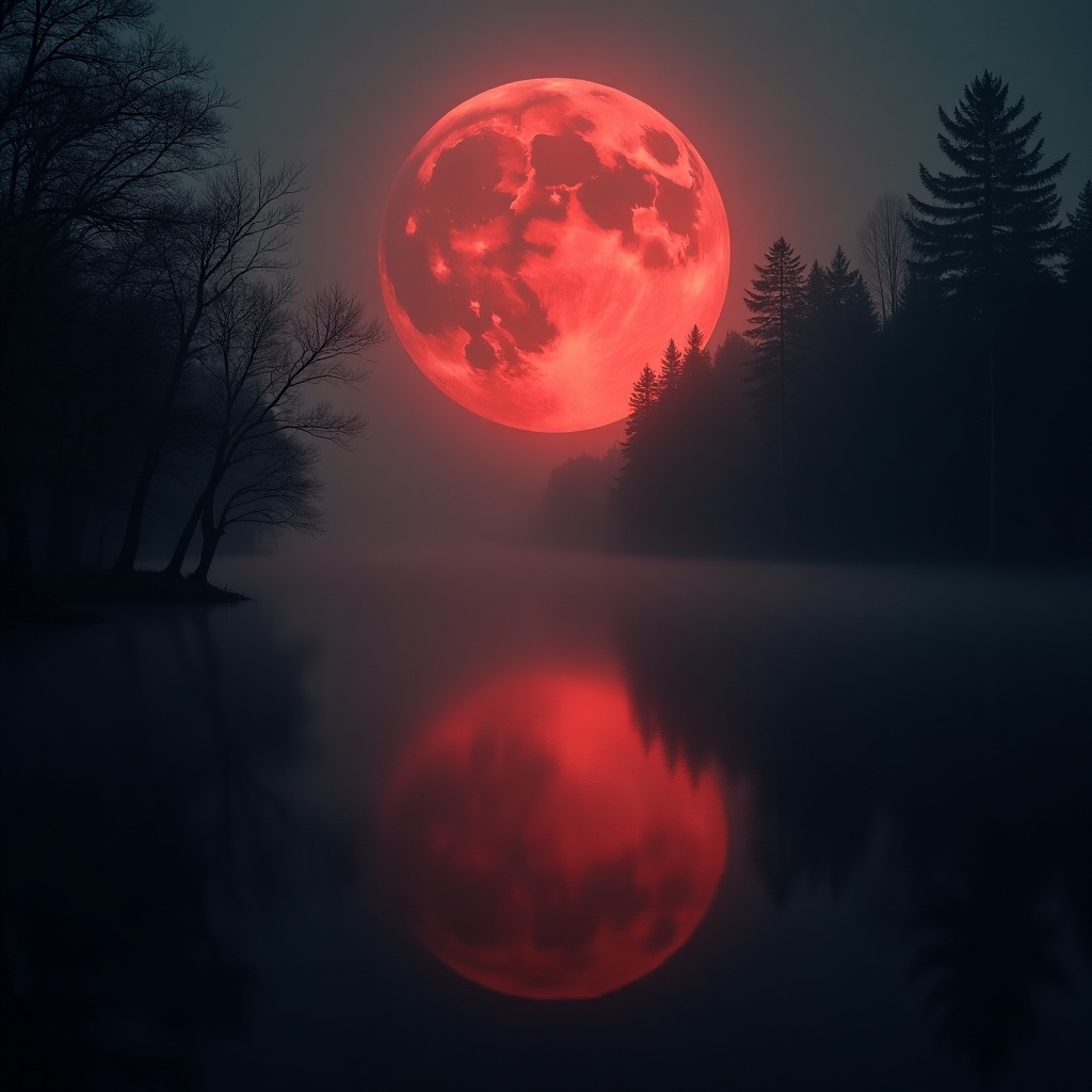 A breathtaking visual of a blood moon shining brightly over a quiet lake. The moon appears unusually large and glowing red, casting a haunting reflection on the still water. Trees stand silhouetted along the banks, shrouded in mist. The overall atmosphere is dark and moody, enhancing the mysterious allure of the scene. The environment evokes a sense of tranquility mixed with a hint of eeriness, accompanied by the sound of a howling lone wolf.