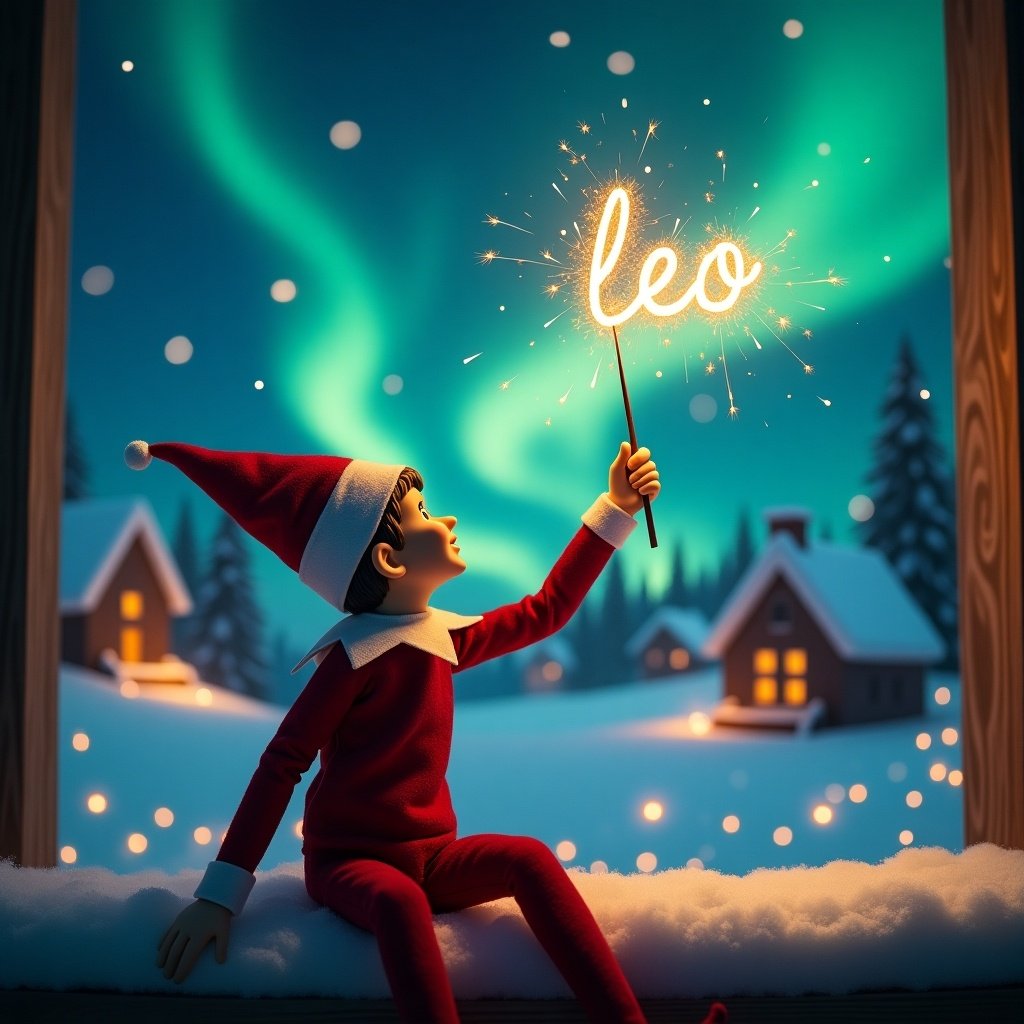 Magical Christmas scene featuring an elf on the shelf. Elf is gazing at the night sky. He holds a wand creating sparkles spelling 'Leo.' Northern Lights illuminate the landscape. Cozy houses in the snowy terrain enhance the atmosphere.