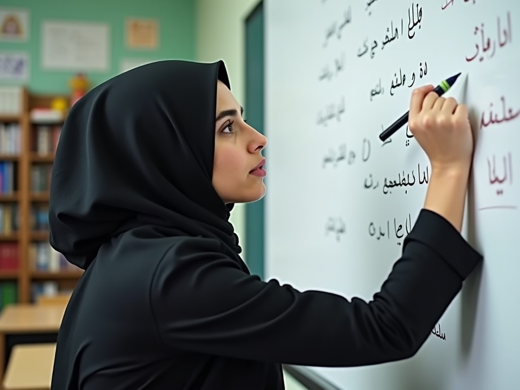 A woman in a hijab writing on a whiteboard with Arabic text in a classroom setting, depicting an educational environment focused on language learning.