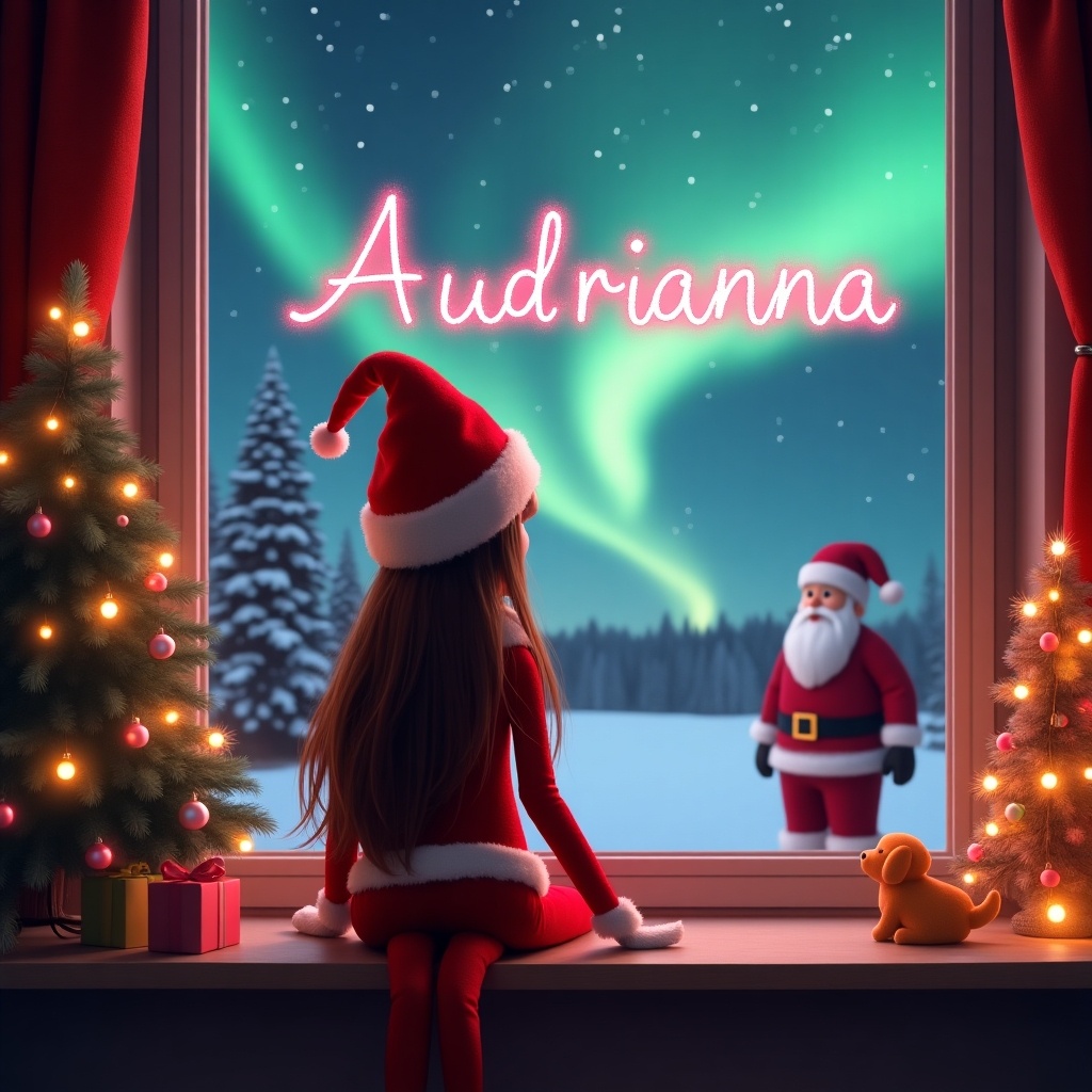 This enchanting holiday scene features a girl elf sitting by a window, dressed in a red outfit with a Santa hat. She is magically writing the name 'Audrianna' in sparkling pink light against a stunning backdrop of the northern lights. Outside the window, Santa Claus can be seen, adding to the festive charm. The decor includes twinkling lights on a Christmas tree and a playful puppy nearby. The scene evokes a sense of wonder and captures the essence of the holiday spirit.