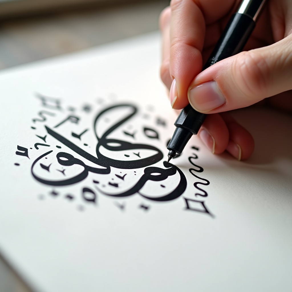 The image shows a close-up of a person's hand elegantly writing Arabic calligraphy. The calligraphy is crafted with bold black ink on a pristine white surface, creating a striking contrast. The hand is steady, focused on the intricate letters being formed. Around the calligraphy are subtle flourishes and artistic designs that enhance the overall look of the artwork. Soft lighting beautifully illuminates the detailed strokes made by the pen, showcasing the beauty and precision of Arabic calligraphy as an artistic endeavor.