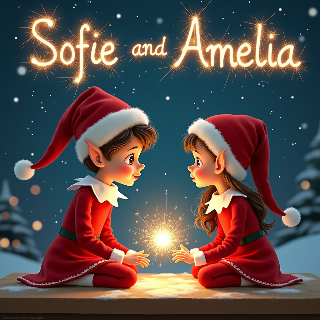 This image depicts two adorable elf children, Sofie and Amelia, sitting across from each other. Both are wearing matching red outfits with white trim and festive hats. They are holding a glowing orb that radiates warmth. In the background, the night sky is illuminated with the names 'Sofie' and 'Amelia' written in sparkling letters. Surrounding them are snow-covered trees and a peaceful winter scene. The lighting exudes a magical holiday spirit, perfect for a Christmas theme that captures the joy of the season.