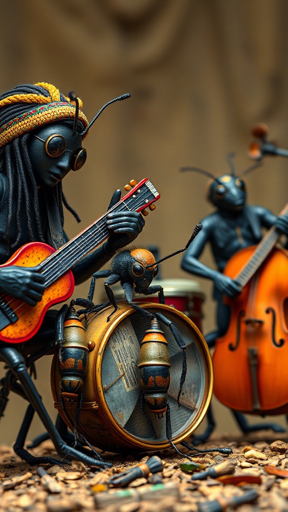 This whimsical image depicts an imaginative scene of anthropomorphic insects playing musical instruments. The focal point is a central insect figure playing a guitar, with intricate details such as a woven hat and sunglasses. Surrounding it are other insects playing different instruments, including a drum and a cello, adding to the lively musical ensemble. The setting is vibrant and rich in warm earthy tones, capturing a sense of playful creativity and artistic expression.