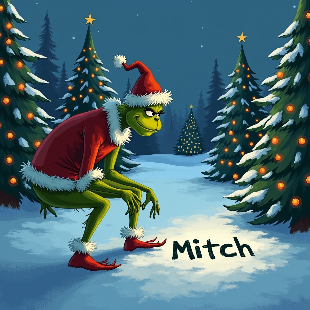 The Grinch is outside. Snow covers the ground. Christmas trees with lights stand around. The Grinch writes Mitch in the snow.