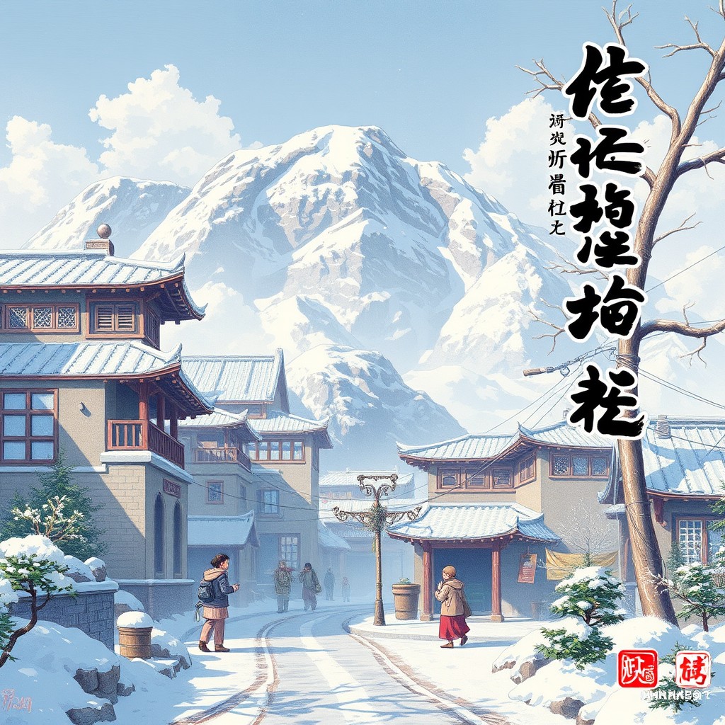 A picturesque winter scene of a traditional village set against majestic snow-covered mountains.