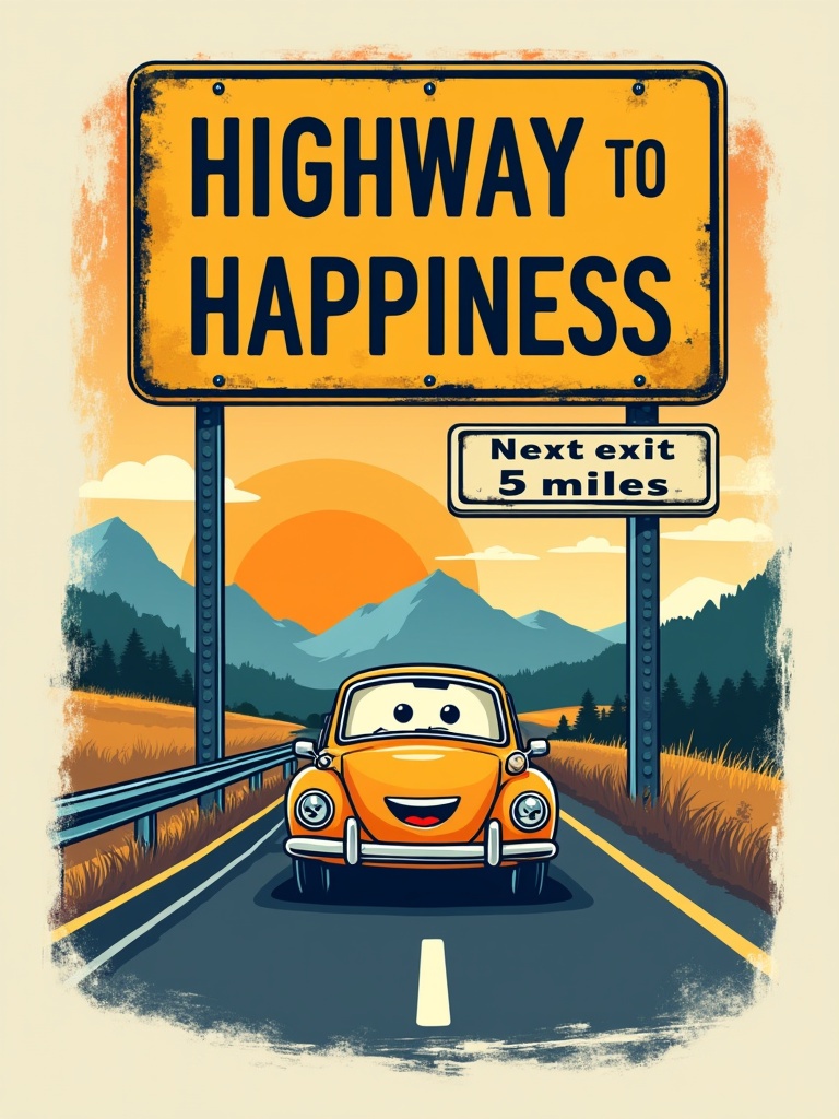 Design T-shirt featuring highway sign. Sign reads 'Highway to Happiness: Next exit, 5 miles'. Include a sunny landscape. Add a smiling car driving on the highway.