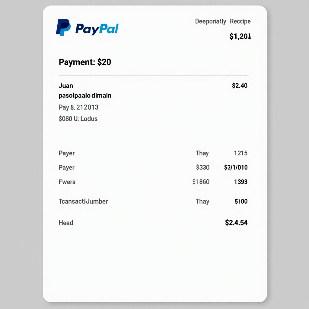 PayPal payment receipt shows transaction for $20. Document includes PayPal logo, payer details, transaction amount, transaction number. Clean design for online payments.