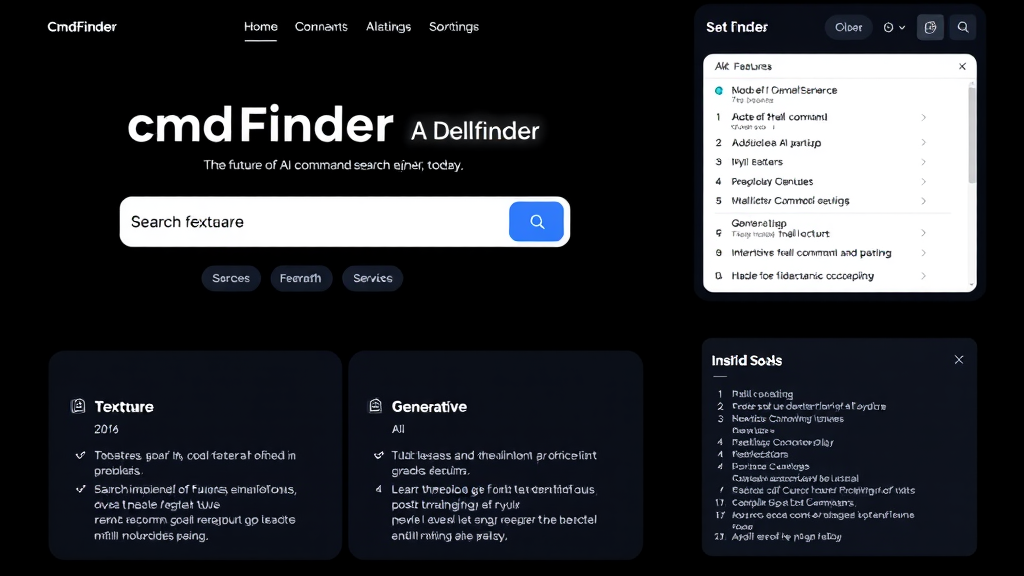 An online interface for cmdFinder featuring a futuristic AI command search tool with navigation and feature descriptions.