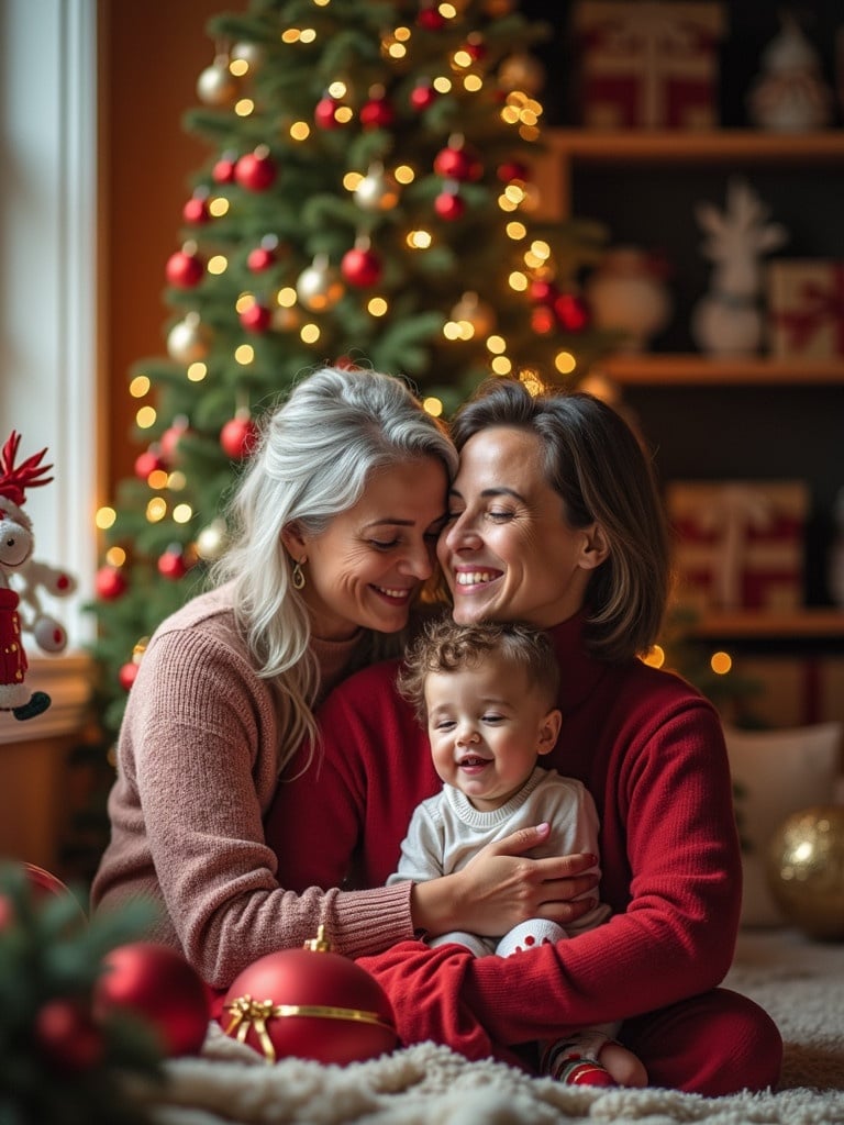 Cozy holiday scene with a family gathered around a Christmas tree. Warm ambient lighting enhances the festive mood. Joy and love are evident in the embrace of family members with Christmas decorations surrounding them.