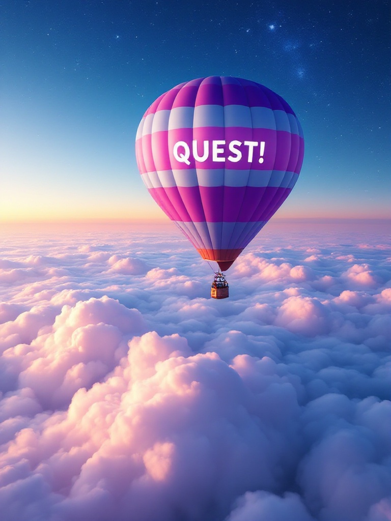 A hot air balloon floats above fluffy clouds. The sky transitions from twilight to deep blue with stars. The balloon has purple and light blue stripes with the word 'QUEST!' displayed. The scene captures adventure and exploration.