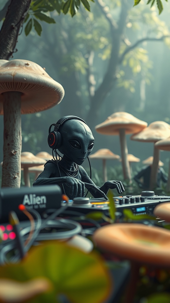 An alien DJ with headphones mixes music in a forest surrounded by tall mushrooms.