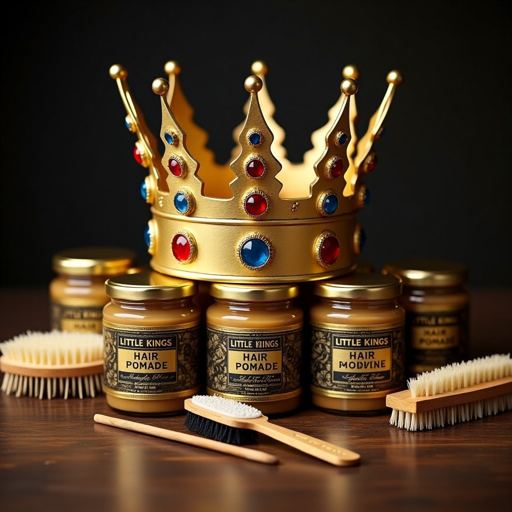 Gold crown with red blue and diamond jewels. Surrounded by gold brushes combs and jars of pomade. Titled Little Kings Hair Pomade.