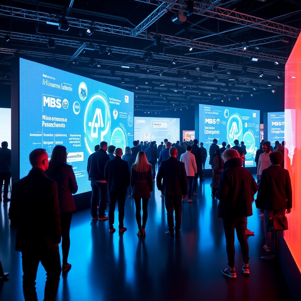 A bustling exhibition hall filled with people. Large digital screens showcase presentations about AI innovations. The atmosphere is vibrant with blue and red neon lighting. Attendees are exploring and engaging with the displays.