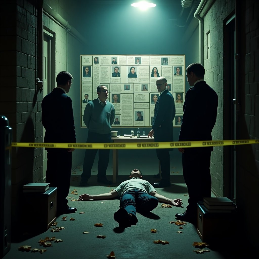 The image portrays a grim alleyway sealed off by police tape, with a lifeless body of a young man lying on the ground. Surrounding him are several figures: a detective, an officer, a forensic specialist, and a witness, all engrossed in the situation. The atmosphere is thick with tension, amplified by the fog and dim lighting typical of film noir. There are fallen leaves scattered on the ground, hinting at autumn. The expression on the characters' faces varies from concern to determination, enhancing the somber mood of the scene. In the background, a crime investigation board is set up, filled with photographs and detailed descriptions of individuals, enhancing the mystery.