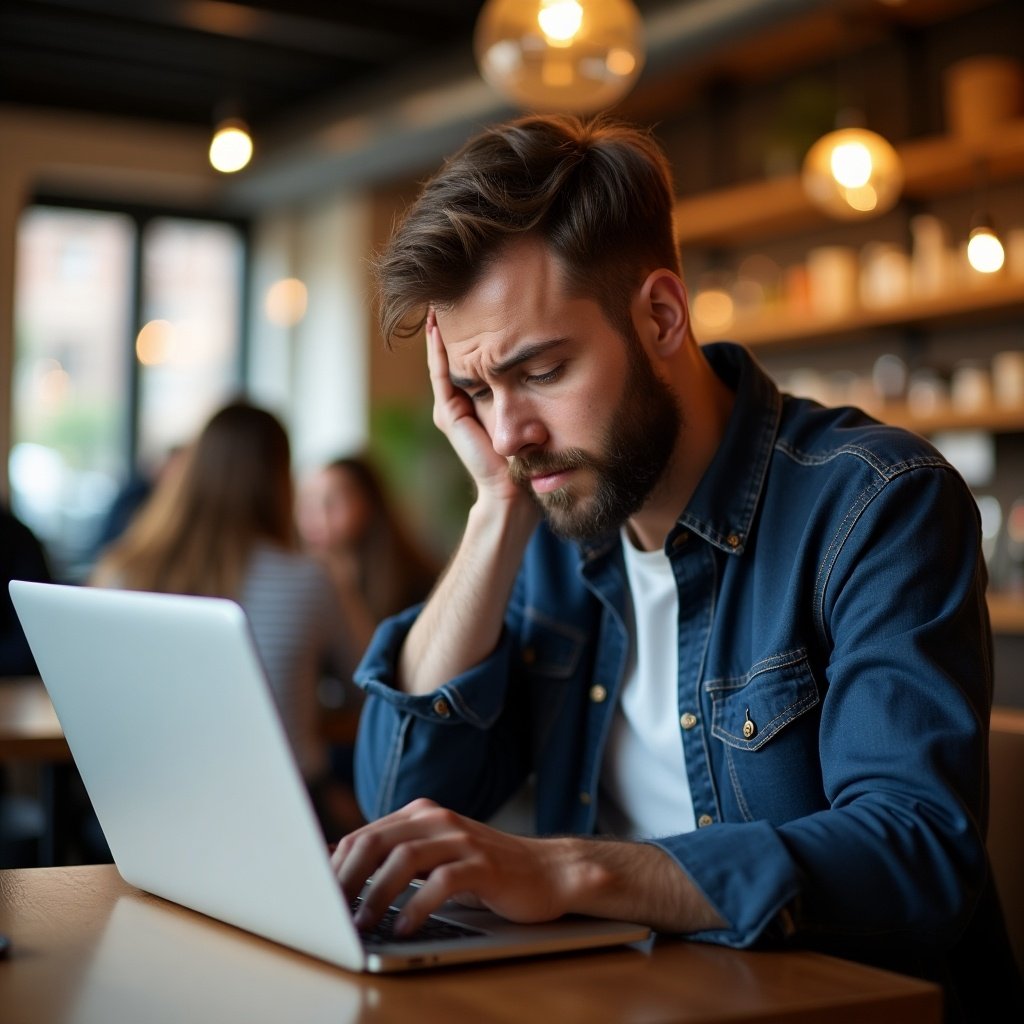 A small business owner sits in a cafe, looking frustrated as he studies his laptop. The atmosphere is warm and inviting, with soft lighting around him. His expression shows concern as he types away, analyzing his website's performance. On the screen, low traffic and minimal sales figures are visible. His casual outfit suggests a relaxed yet serious approach to his work. The cafe has a cozy vibe with other patrons in the background, adding to the mood of the scene. This image captures the common struggles faced by entrepreneurs in a digital age.