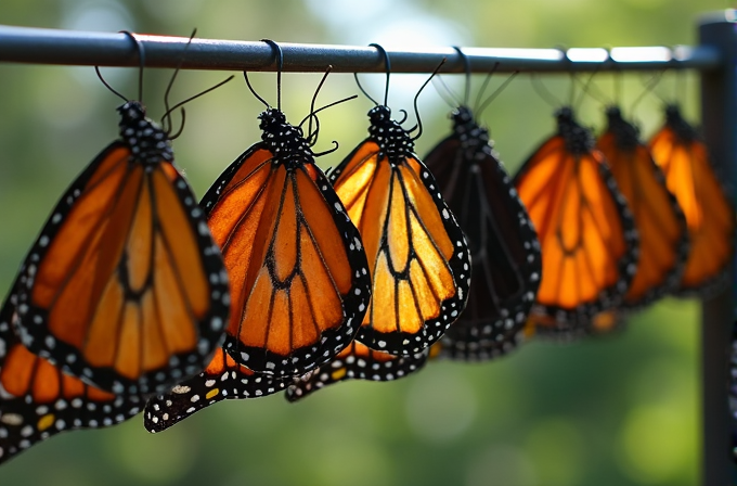 A row of monarch butterflies hanging delicately on a bar, illuminated by sunlight highlighting their vibrant orange and black wings.