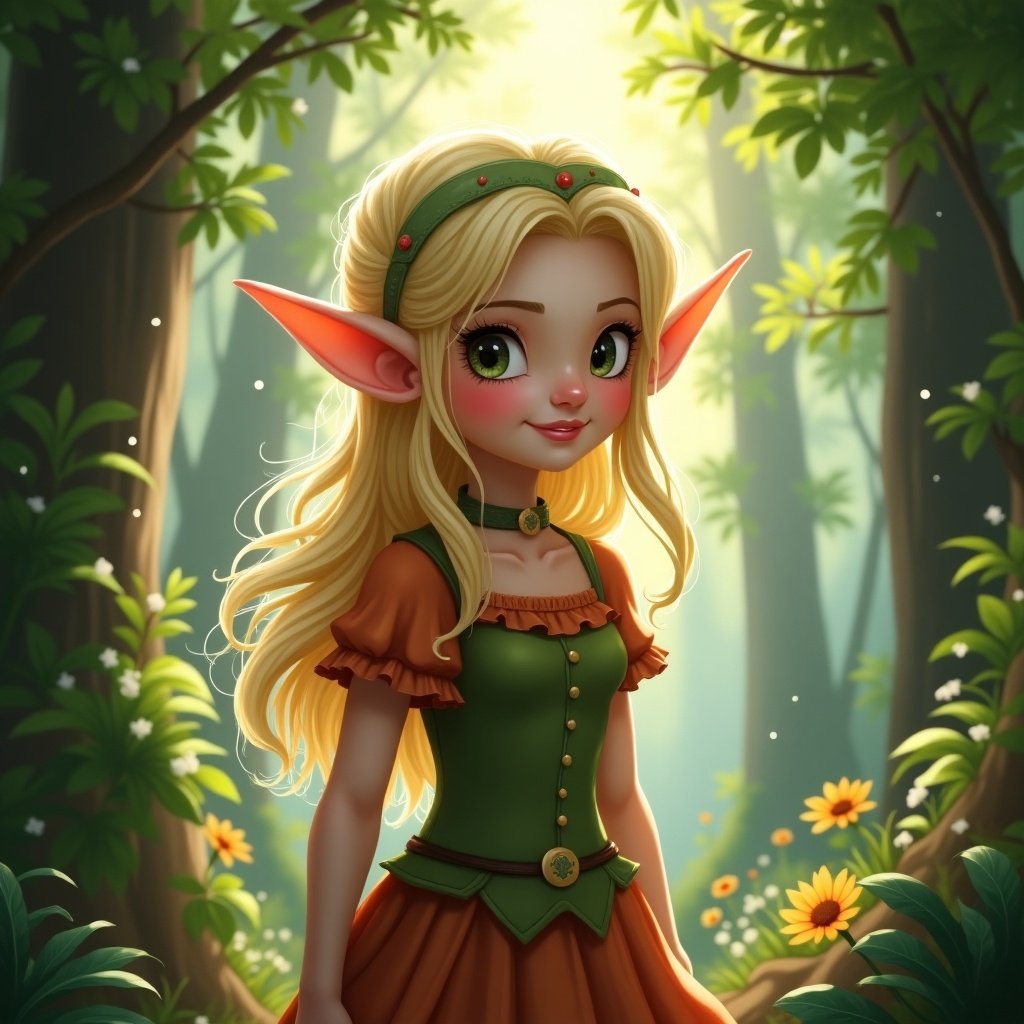 Fantasy illustration of a cute elf girl with pointed ears. She has long blonde hair and wears a green and brown dress. The background features a magical forest with bright flowers and soft lighting.