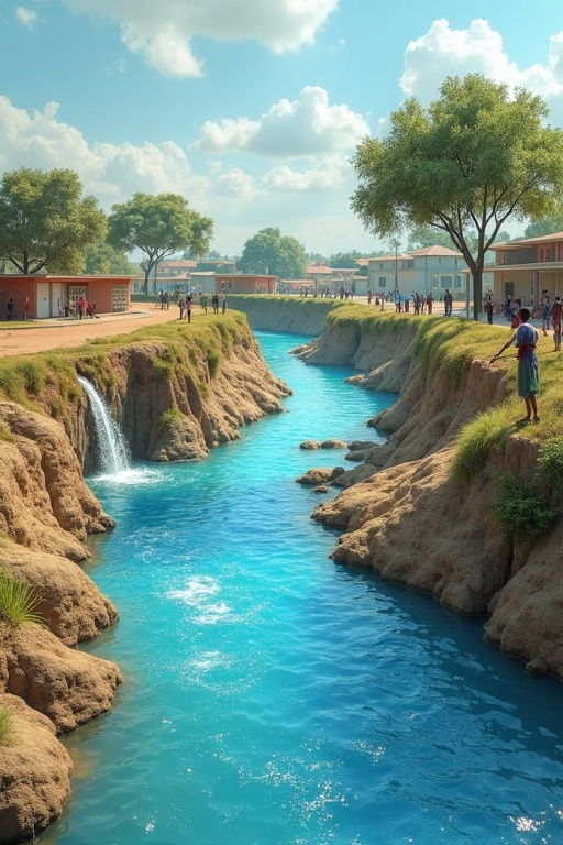 Surface water flow model illustrates a vibrant turquoise river surrounded by greenery and rocky banks. Scenic view depicts people enjoying the environment. Captivating landscape representing Birnin Kebbi's potential for tourism and sustainable development.