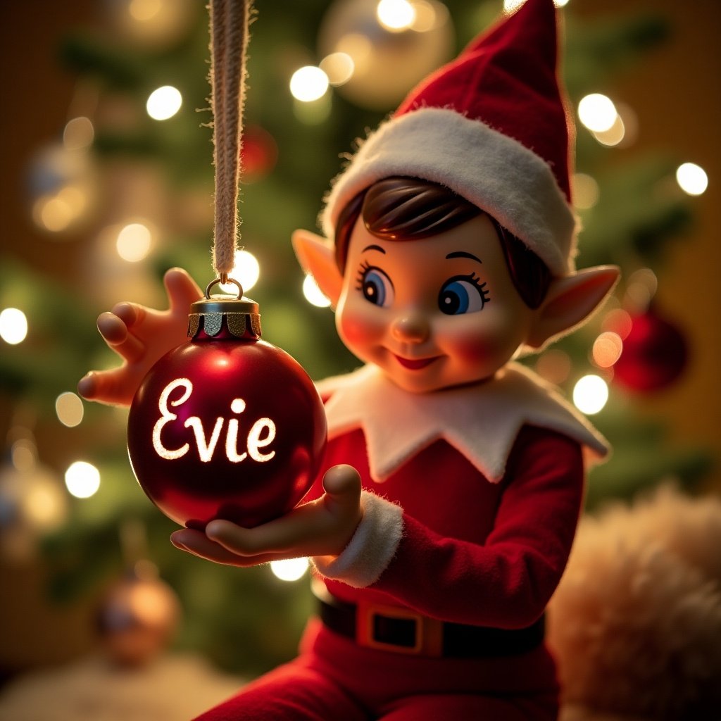 This image features a charming Christmas elf doll named Evie. The elf is wearing a classic red outfit with white trim. In its hands, it holds a beautiful red bauble that has the name 'Evie' written on it. The background is filled with softly glowing Christmas lights, enhancing the festive atmosphere. This whimsical scene embodies the spirit of Christmas, making it perfect for holiday-themed illustrations and marketing.