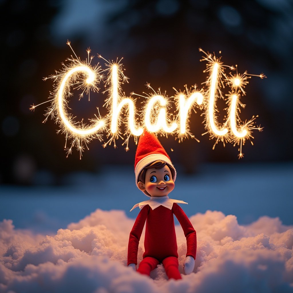 Create a magical night scene featuring an Elf on the Shelf named Penelope. The setting is snowy, with a soft white blanket covering the ground. Above her, the name 'Charli' is written in glowing letters made from sparklers. The background is dark, enhancing the glow of the name and the scene. The elf has a cheerful expression, sitting playfully in the snow. It's a festive and enchanting holiday image, perfect for capturing the spirit of Christmas.