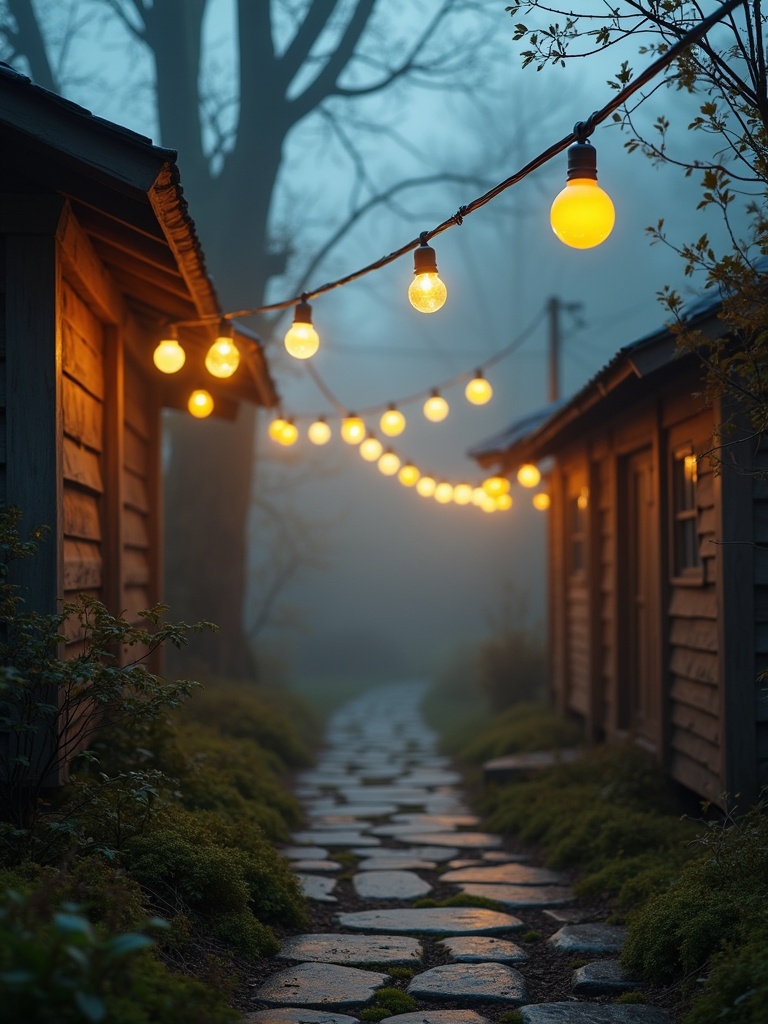 Village scene with yellow bulbs glowing in the mist. Light bulbs hang from wires over a narrow path. Trees surround the area and soft moss covers the ground. The atmosphere is warm and inviting.