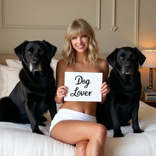 A woman sitting on a bed with two black dogs. She holds a sign that reads 'Dog Lover'. Attire includes a white mini skirt, high heels, and a bikini top. The scene is inviting and warm.