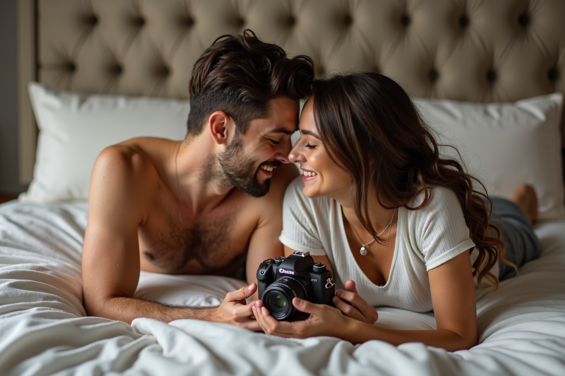 A couple lies on a bed, touching foreheads and smiling joyfully, holding a camera together.