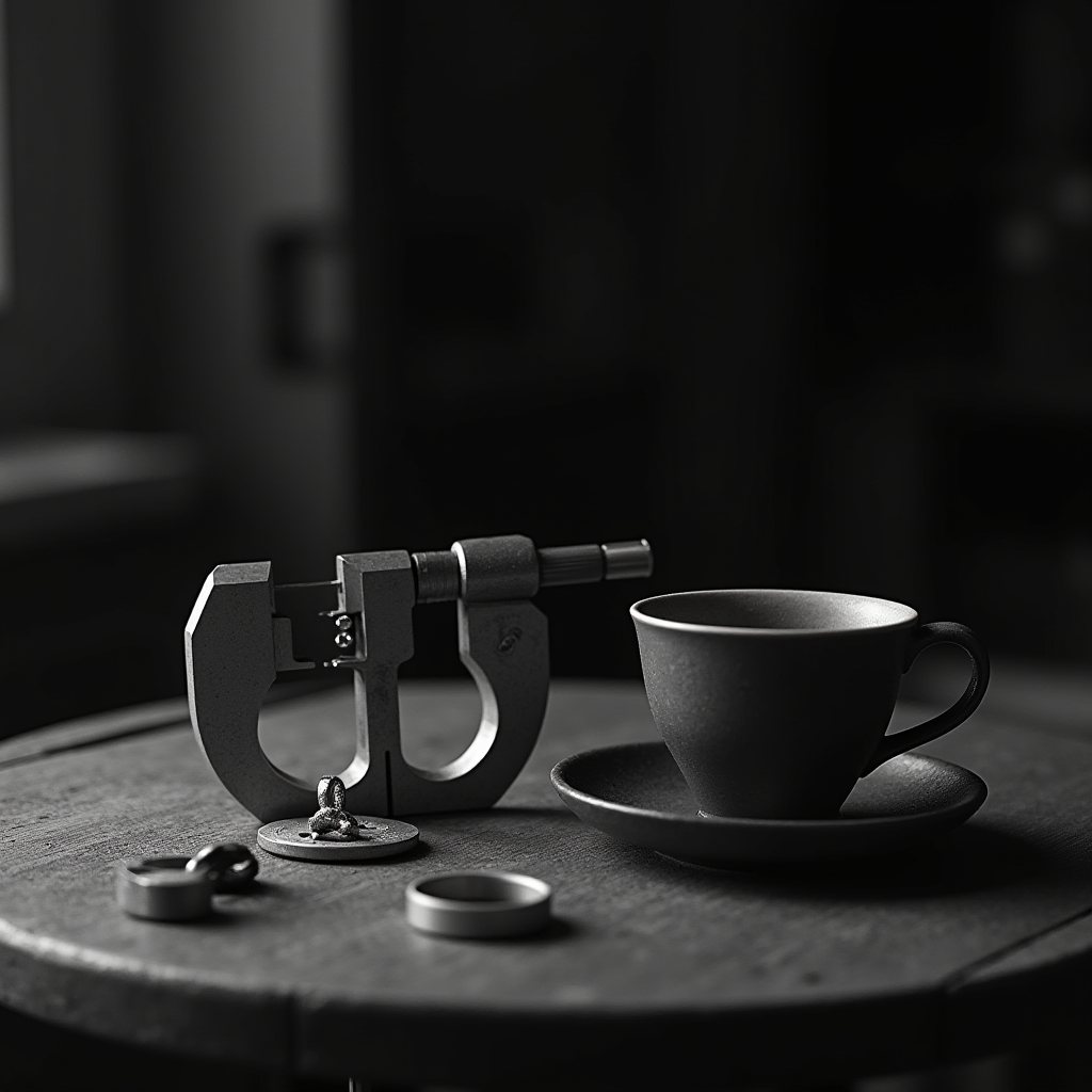 A black and white still life of a micrometer, cup, and small objects on a wooden table.