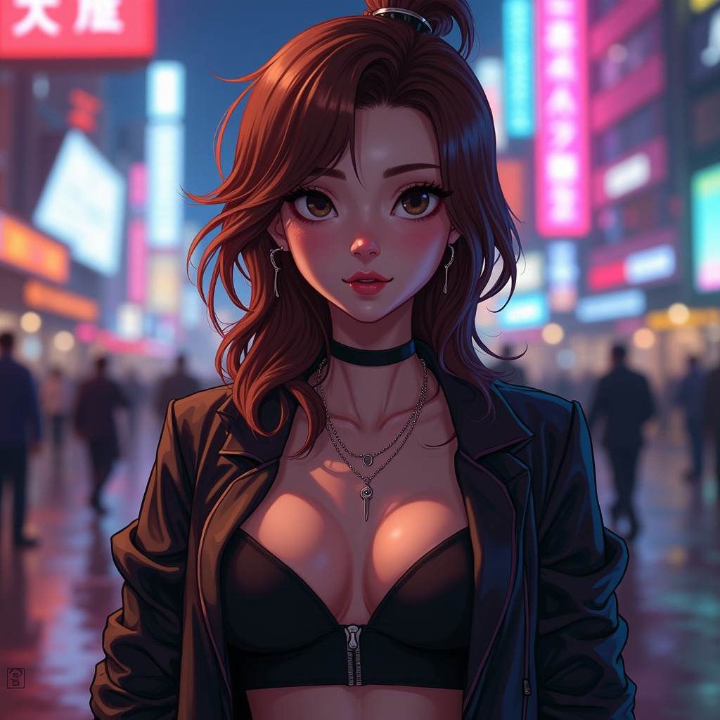 An Arcane character with brown hair styled in a modern fashion. Chic outfit in neon-lit city milieu.