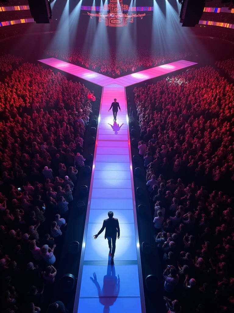 Drone view of a concert featuring Roddy Rich at Madison Square Garden. The stage has a T-shaped runway. A large audience is visible. Bright stage lights create an energetic atmosphere. The performer is walking on the runway.