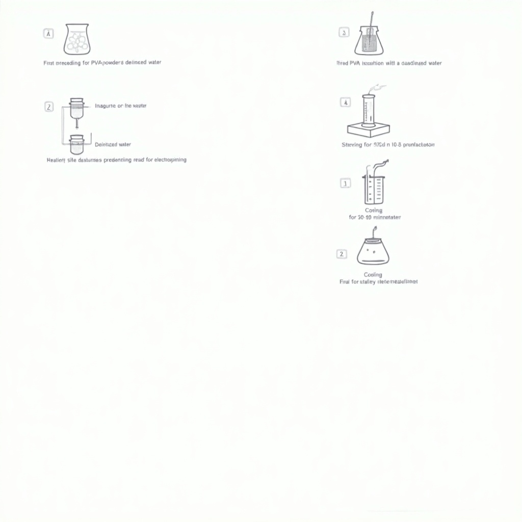 Illustration of polyvinyl alcohol solution preparation. Steps include measuring PVA powder and deionized water. Mixing in beaker on stirrer. Heating on hot plate with thermometer. Stirring for 30-60 minutes. Cooling to room temperature. Final PVA solution ready for electrospinning. Technical terms labeled for clear understanding.