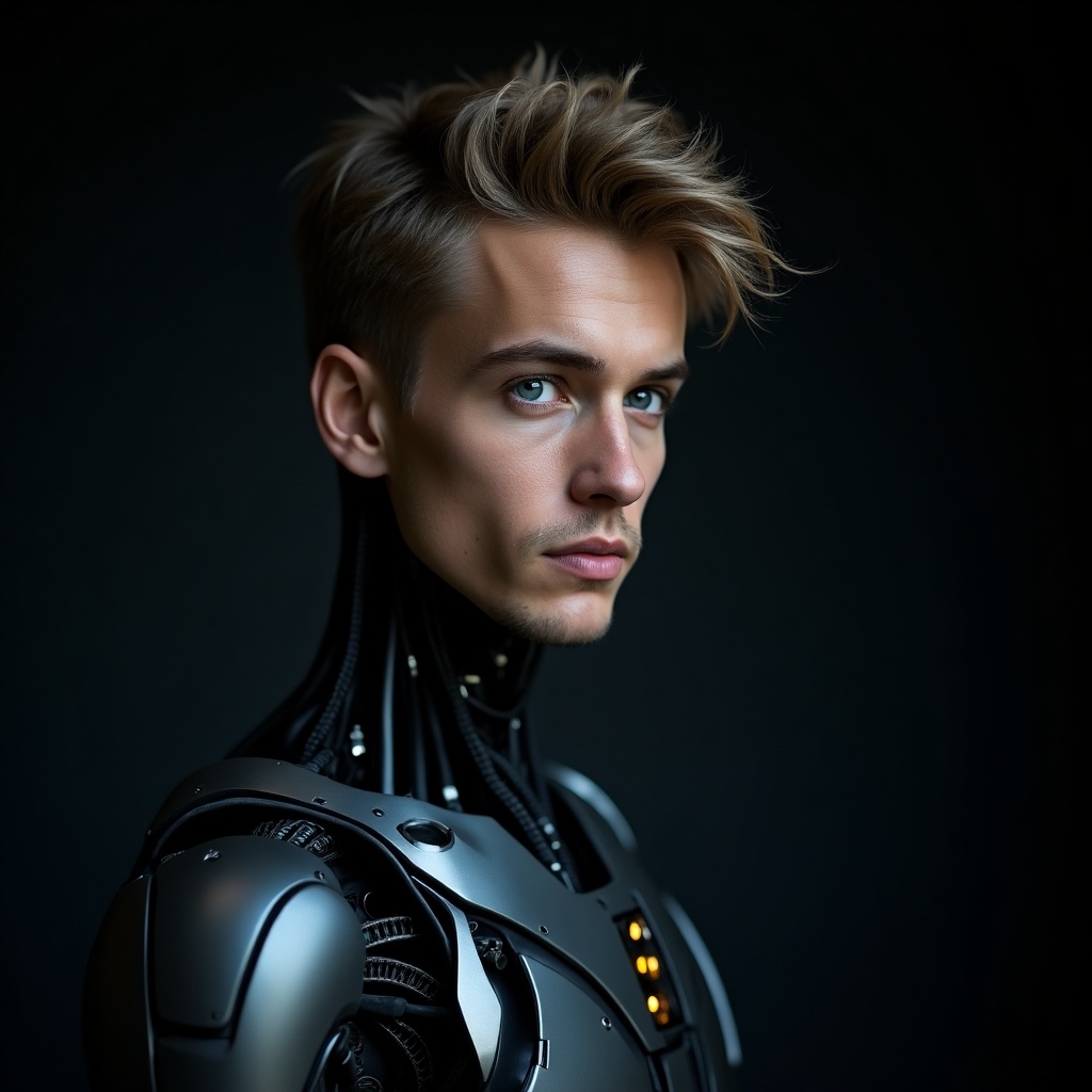 This image features a humanoid robot with a striking appearance. The robot has intricate mechanical details and glowing blue eyes. It stands against a dark, moody background that enhances its features. The male figure has light brown hair styled elaborately. His captivating blue eyes create a contemplative expression, making the portrait both artistic and thought-provoking.