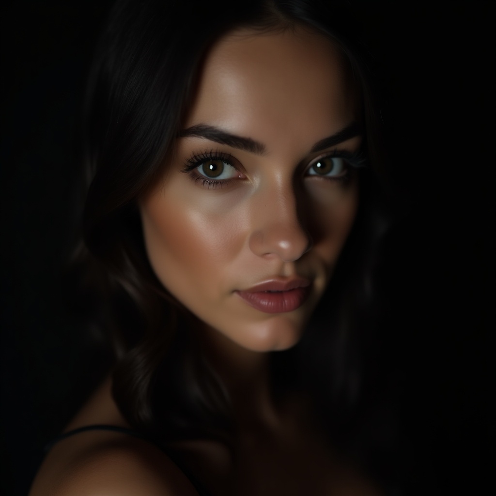 Portrait of a woman. Captivating eyes with soft lighting. Dark background enhances features.