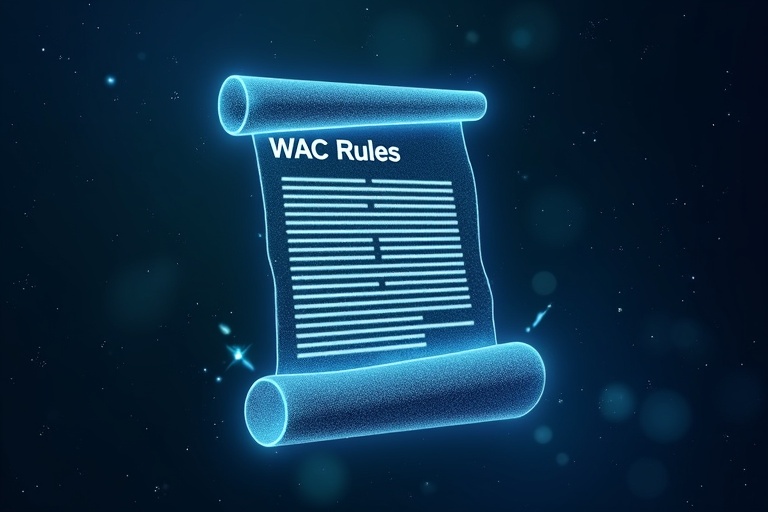 Create a dark blue starry background. Add a futuristic digital scroll in the center. The scroll is semi-transparent and unrolling. The title WAC Rules is centered on the scroll. Include 12 glowing white lines on the scroll. Use subtle green and blue light effects around the scroll to symbolize technology.