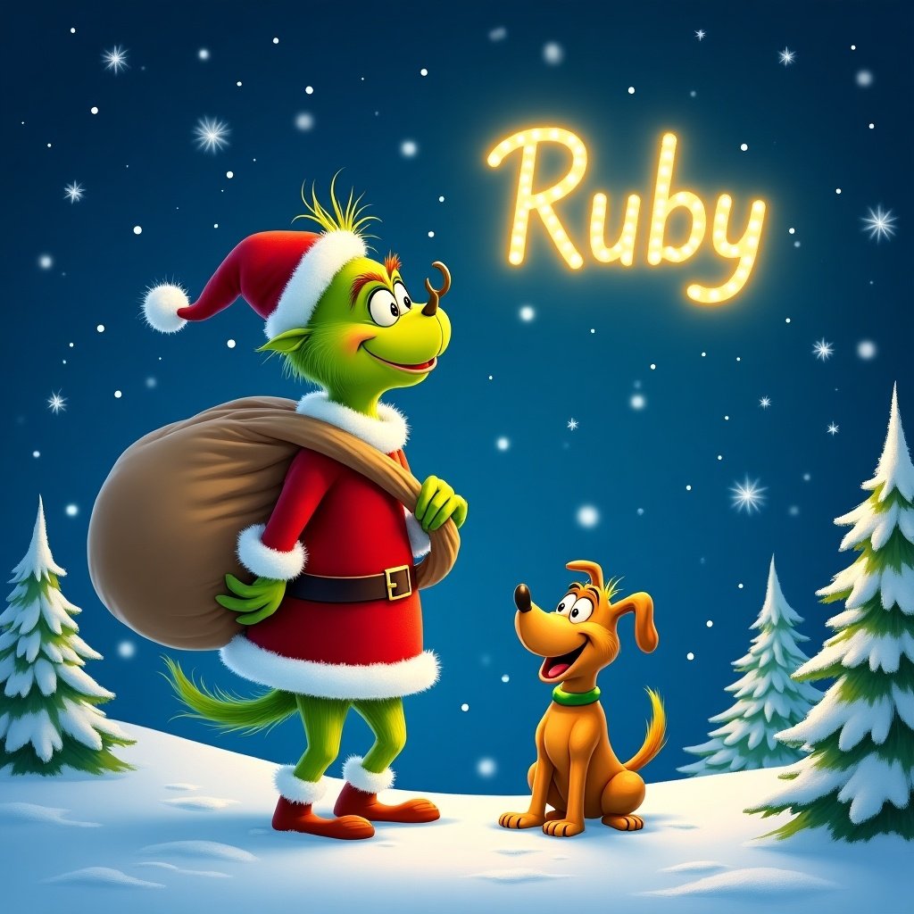 Charming snowy landscape features a vibrant Grinch writing 'Ruby' in glowing letters in the night sky. The Grinch dressed in red with fluffy white trim carries a large sack. Beside him is a friendly dog named Max, looking joyful. Background with a blue night sky, twinkling stars, and snowflakes with pine trees around them.