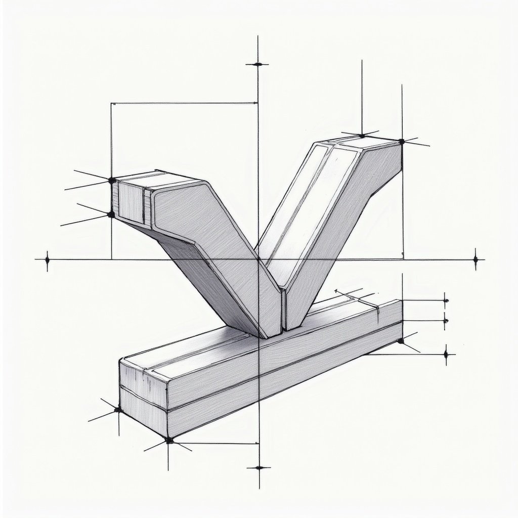 Sketch of a V-shaped clamp block with dimensions and perspective in technical style. Focus on precise lines and angles. Background grid suggests measurement and accuracy.