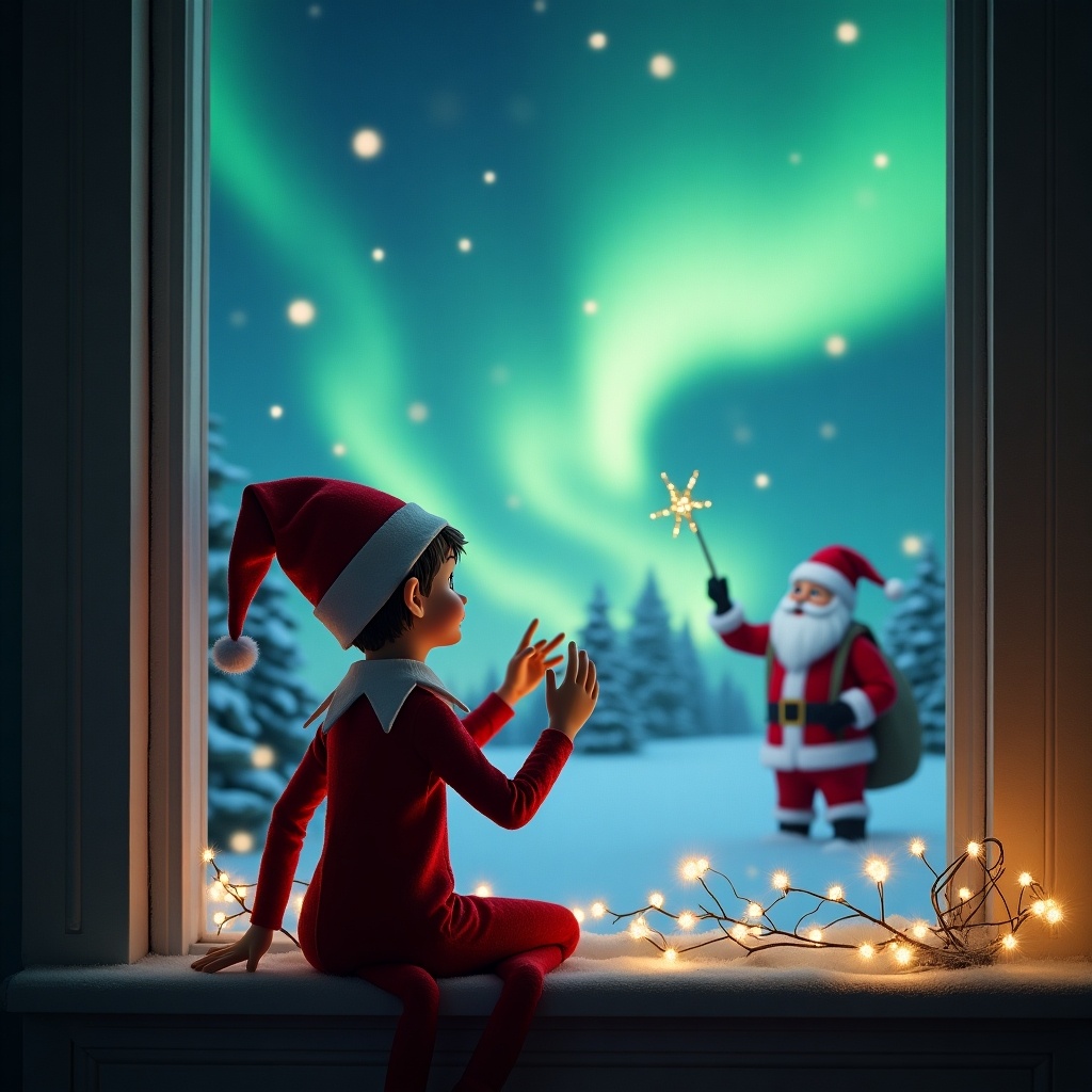 Elf character with back facing the viewer. Elf uses a wand to write in the sky. Magical Christmas scene with northern lights. Santa in the background. Winter setting with snow-covered trees.