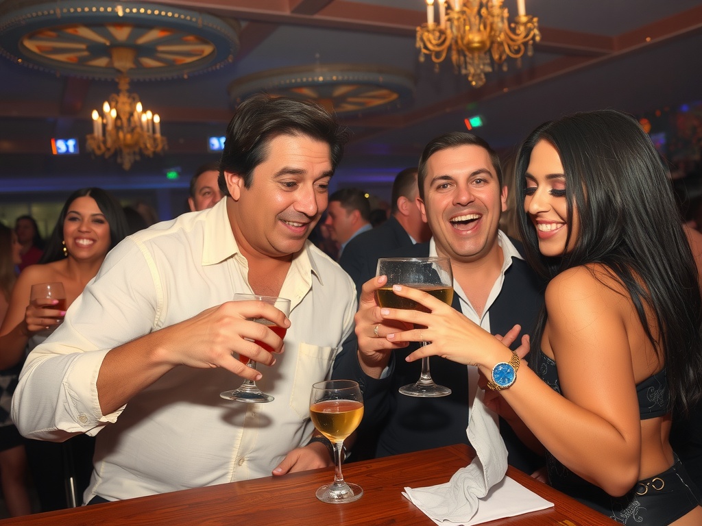 A group of friends joyfully toasting drinks in a stylishly decorated bar.