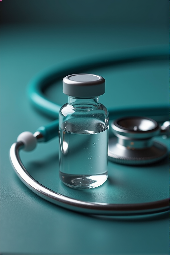 A medical vial filled with clear liquid is placed alongside a stethoscope on a teal surface, creating a clinical and professional atmosphere.