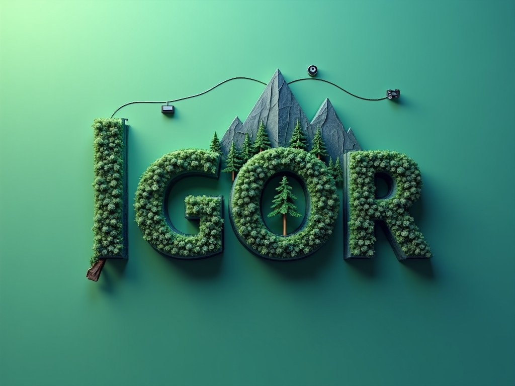 This image showcases the name 'IGOR' crafted from lush, green foliage, symbolizing a connection with nature. Each letter is densely populated with small plants, and in the background, there are stylized mountains and evergreen trees, evoking a forested landscape. The overall effect is an artistic representation of typography blending seamlessly with natural elements.