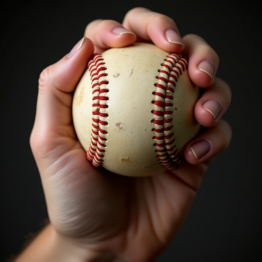 Hand gripping a worn baseball in preparation for a pitch