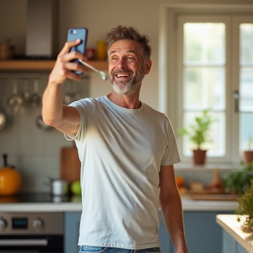 A man stands in a kitchen. He takes a selfie while holding a spoon. Natural light brightens the room. The man appears to be enjoying the moment. The background includes kitchen items.