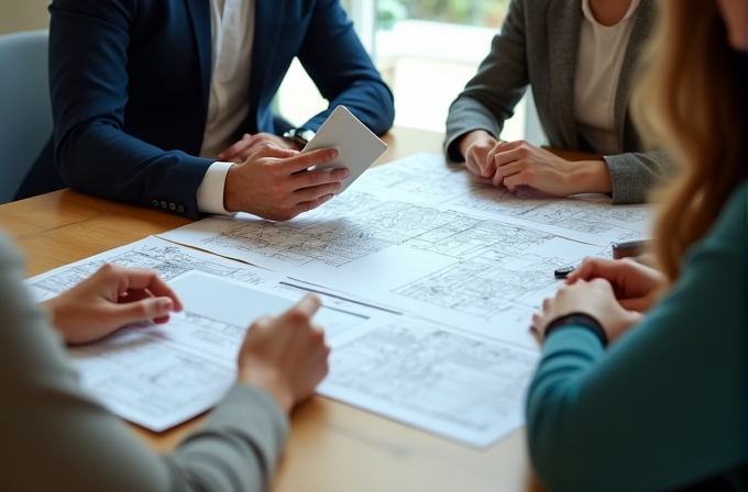 A group of people sitting around a table, reviewing architectural blueprints.