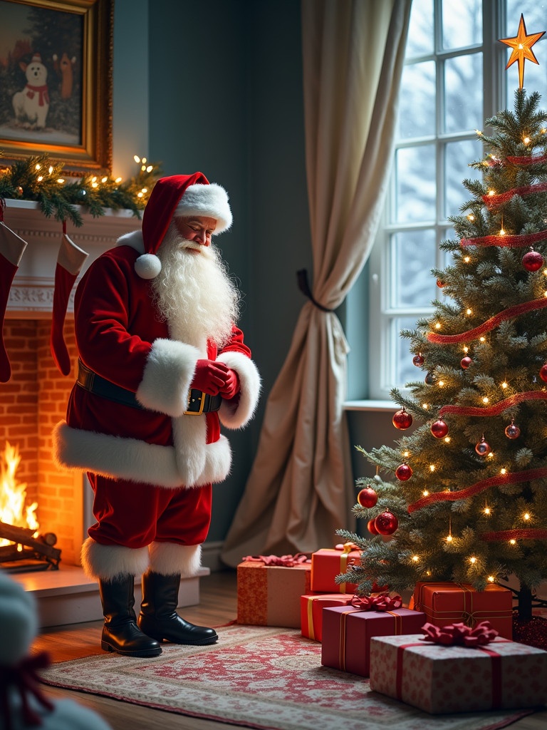 Image of Santa Claus in a cozy living room setting. He stands next to a beautifully decorated Christmas tree with presents around it. A warm fire crackles in the fireplace creating a festive atmosphere. Snow falls outside the window, enhancing the holiday spirit.